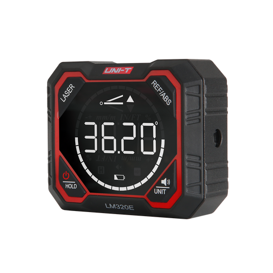 Medidor de ángulo digital UNI-T LM320E, negro y rojo, vista en ángulo desde la derecha con la pantalla en 36,20°