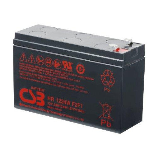 Batería CSB HR1224W de color negro en vista tres cuartos con etiqueta de marca y terminales en la parte superior