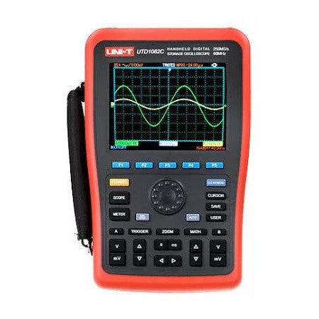 Osciloscopio portátil UTD1062C de Uni-T de frente, pantalla con dos ondas senoidales y teclado de funciones