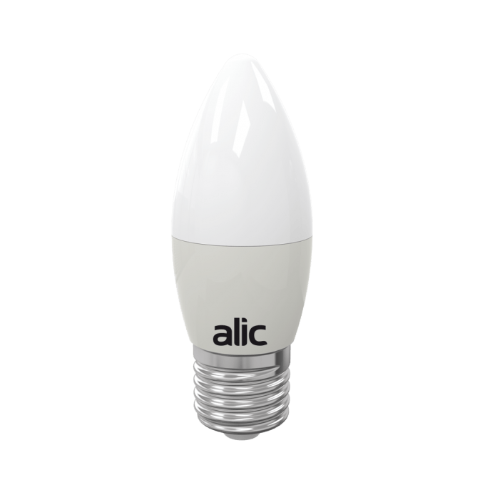 Ampolleta vela LED de 5W E27 con acabado blanco mate, logotipo alic y rosca metálica, vista de frente