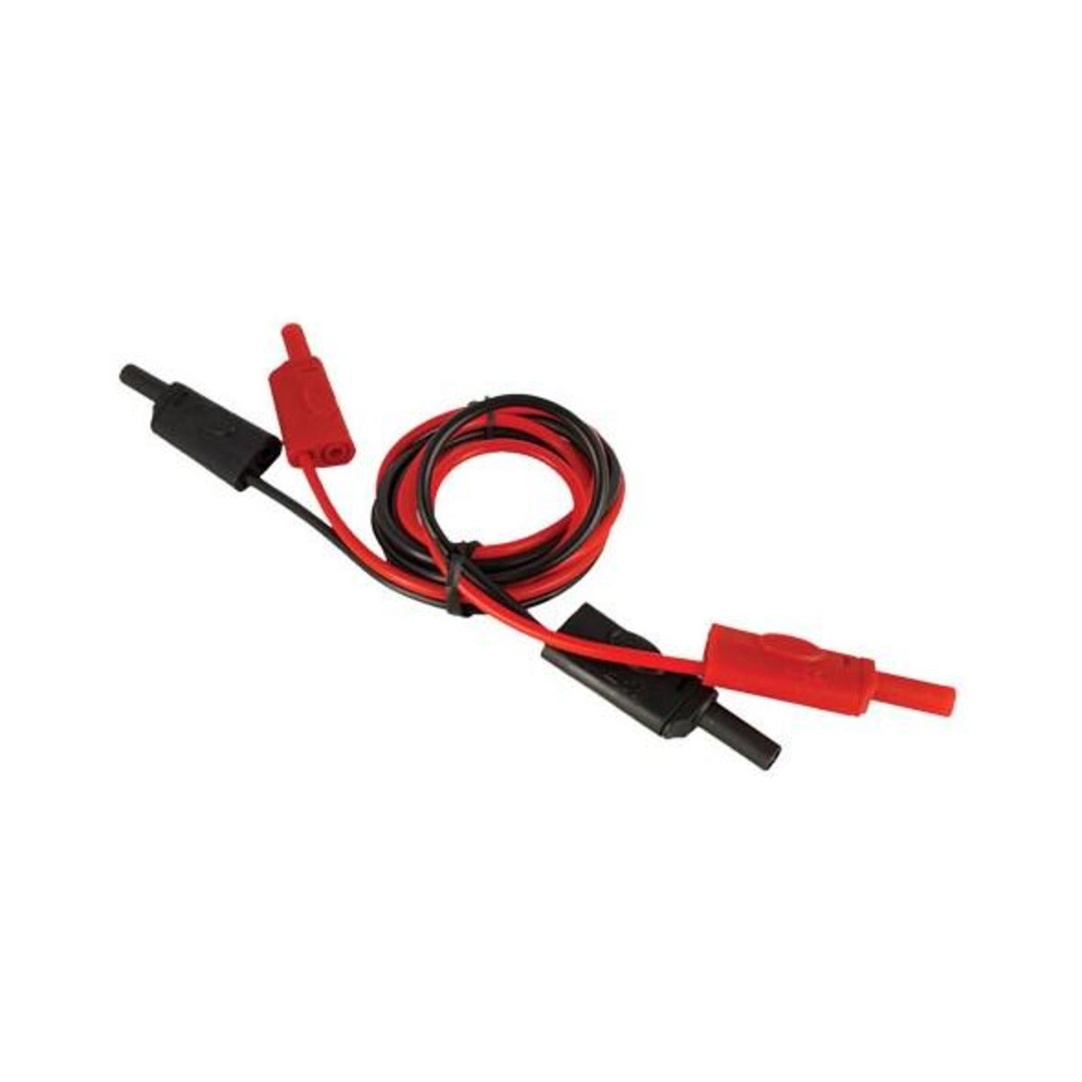 Juego de 2 cables de prueba UNI-T UT-L12, uno rojo y uno negro, con conectores banana en ambos extremos, enrollados sobre fondo blanco
