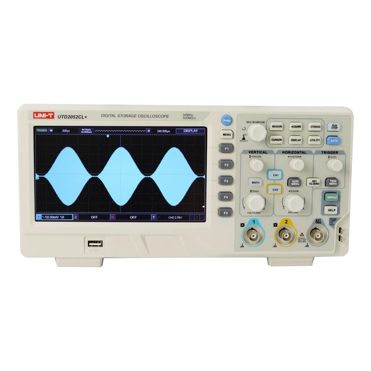 Osciloscopio digital UNI-T UTD2052CL+, beige y gris, vista frontal con la pantalla y los controles