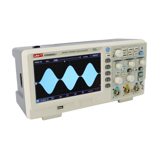 Osciloscopio digital UNI-T UTD2052CL+, beige y gris, vista en ángulo desde la izquierda