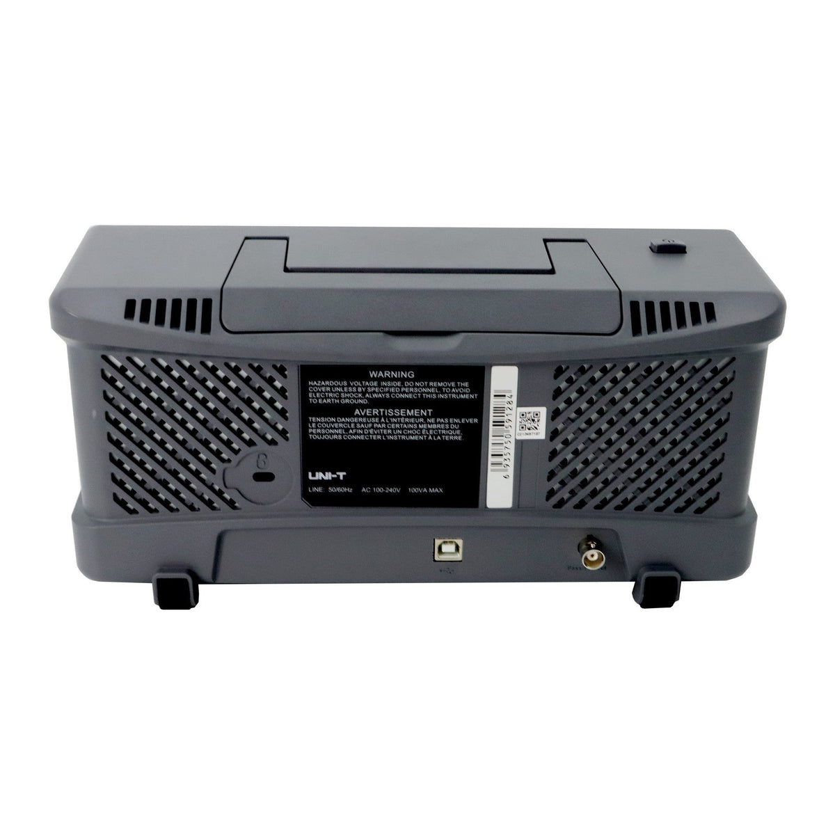 Osciloscopio digital UNI-T UTD2052CL+, gris oscuro, vista trasera con la etiqueta y el puerto USB