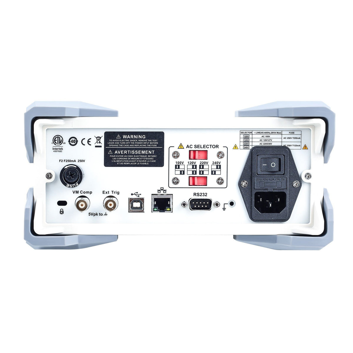 Multímetro de banco UNI-T UT8805E, blanco y gris, panel trasero con el selector de tensión, la entrada de poder y los puertos USB, LAN y RS-232