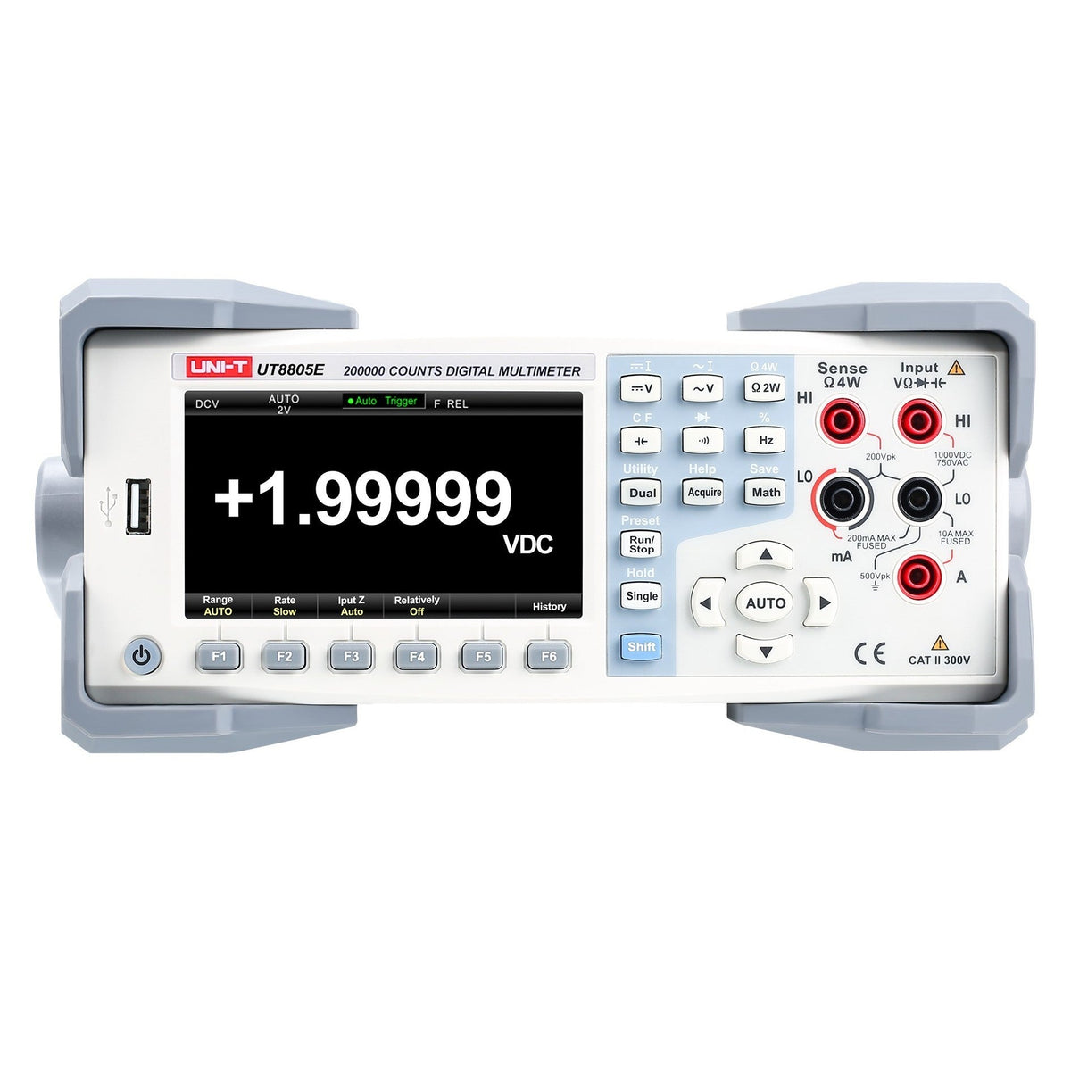 Multímetro de banco UNI-T UT8805E, blanco y gris, vista frontal con la pantalla en +1.99999 VDC, el teclado y los bornes de entrada