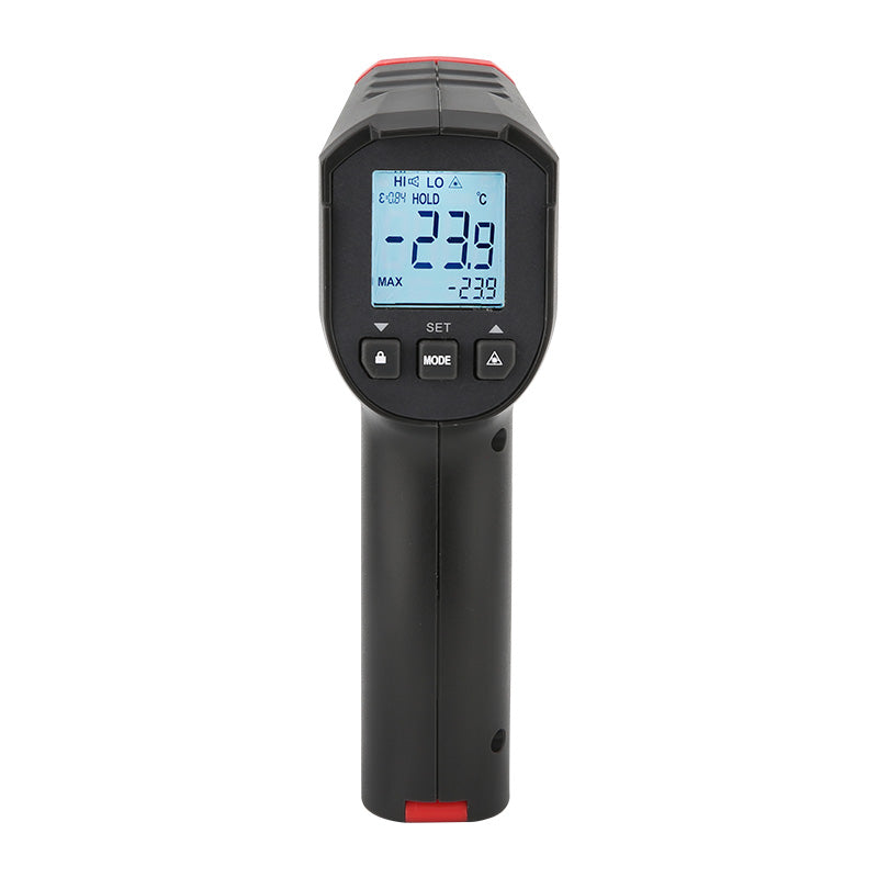 Termómetro infrarrojo UNI-T UT306S, negro y rojo, vista frontal de la pantalla y las teclas