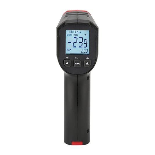 Termómetro infrarrojo UNI-T UT306S, negro y rojo, vista frontal de la pantalla y las teclas