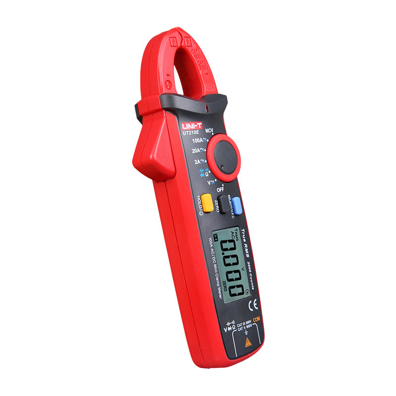 Mini pinza amperimétrica UNI-T UT210E, roja y gris, vista en ángulo desde la izquierda con el selector y la pantalla