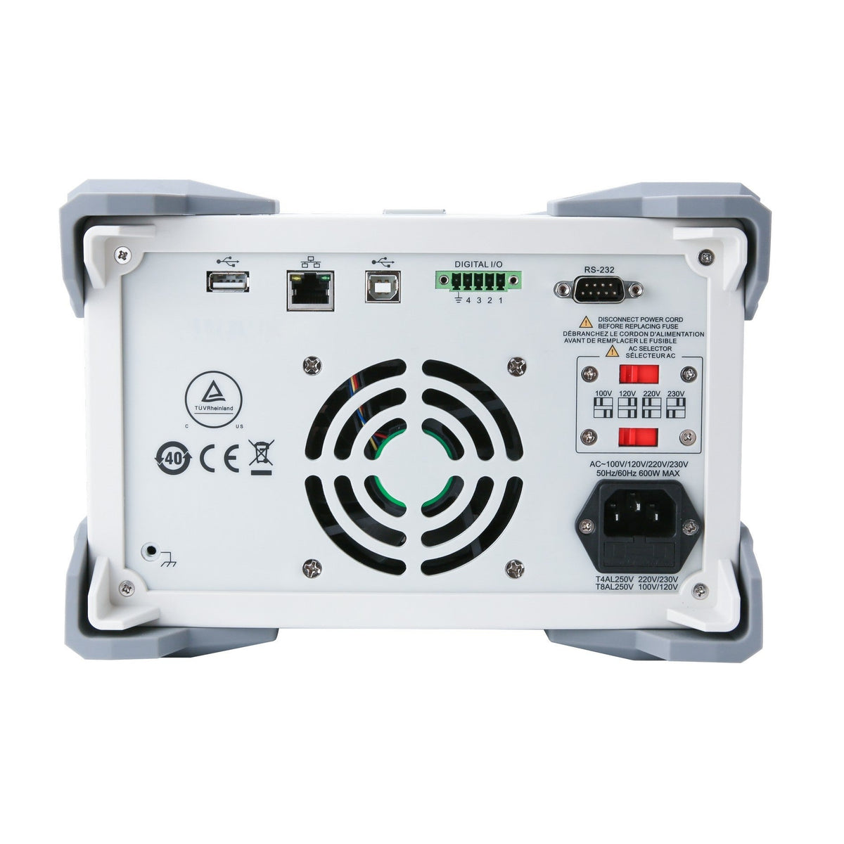 Fuente de poder programable UNI-T UDP3305S, blanca y gris, panel trasero con el ventilador, la entrada de poder y los puertos USB, LAN y RS-232