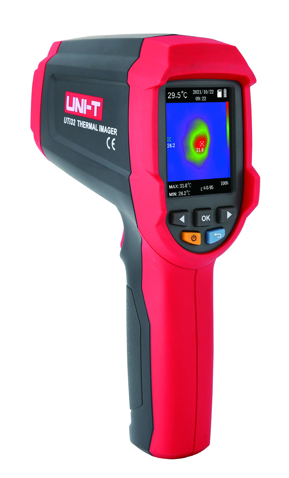 Cámara termográfica UNI-T UTi32, roja y gris oscuro, vista en ángulo de la pantalla y el teclado, con el modelo impreso en el costado