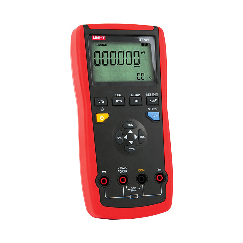 Calibrador de temperatura UNI-T UT701, rojo y negro, vista en ángulo desde la izquierda