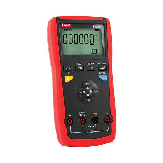 Calibrador de temperatura UNI-T UT701, rojo y negro, vista en ángulo desde la izquierda