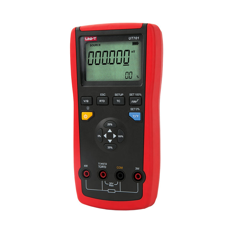 Calibrador de temperatura UNI-T UT701, rojo y negro, vista en ángulo desde la derecha