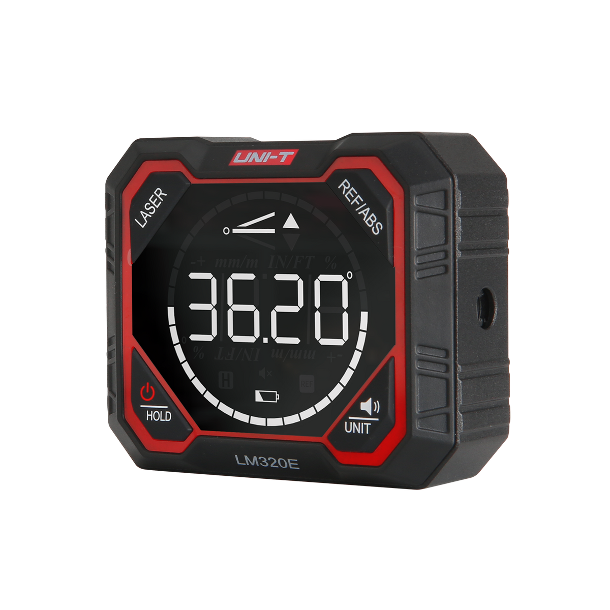 Medidor de ángulo digital UNI-T LM320E, negro y rojo, vista en ángulo desde la derecha con la pantalla en 36,20°