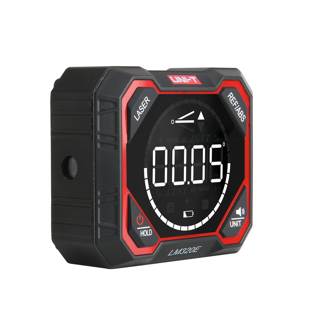 Medidor de ángulo digital UNI-T LM320E, negro y rojo, vista en ángulo desde la izquierda con el orificio lateral del láser
