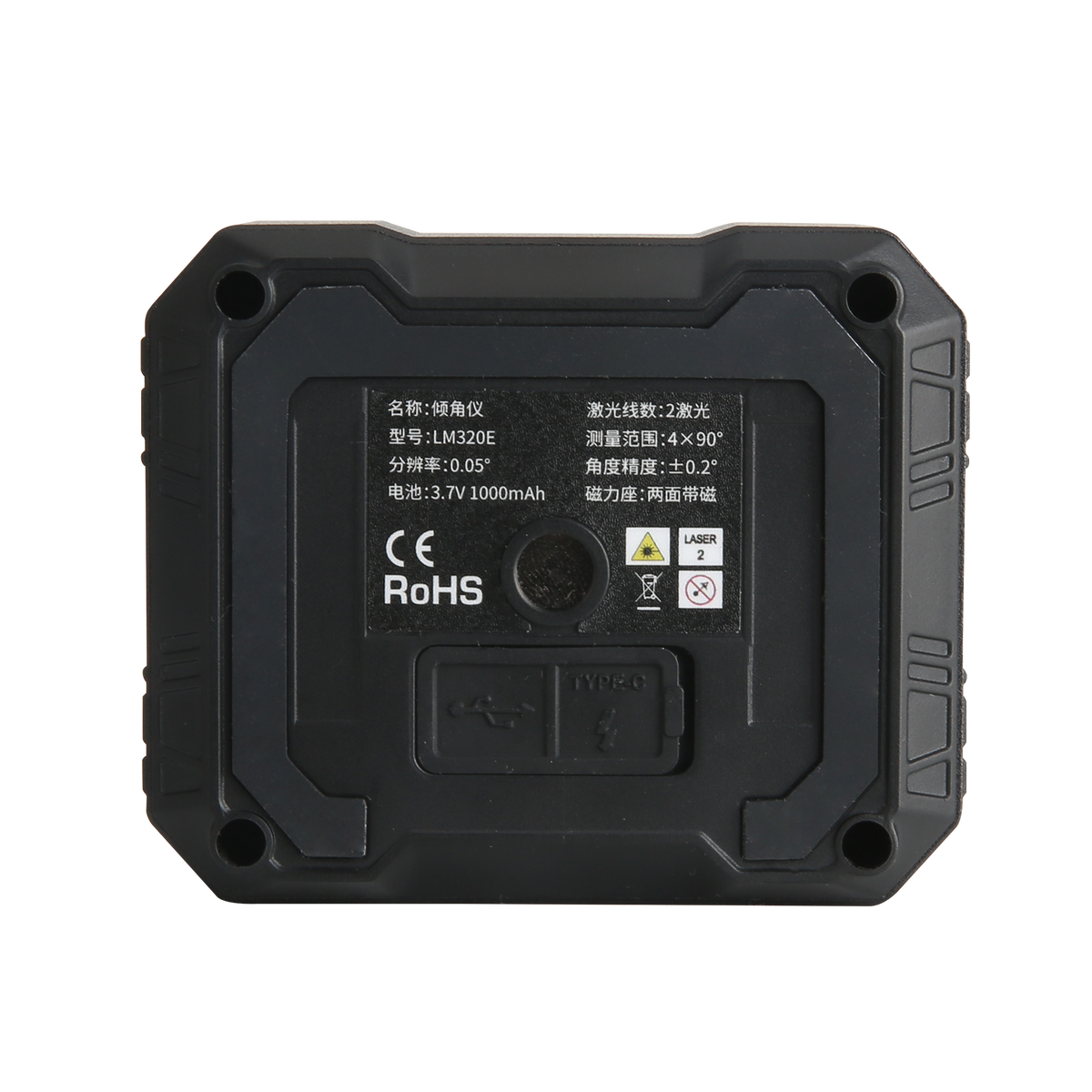 Medidor de ángulo digital UNI-T LM320E, negro, vista trasera con la etiqueta de datos y la tapa del puerto USB