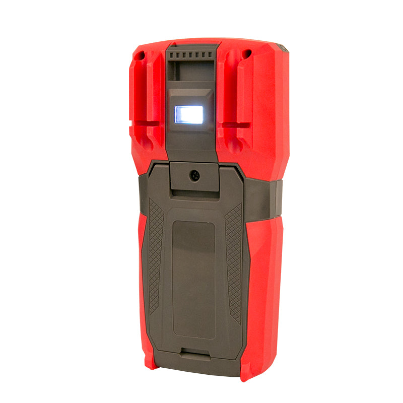 Multímetro digital UNI-T UT89XD, rojo y gris, vista trasera con el soporte y la linterna encendida