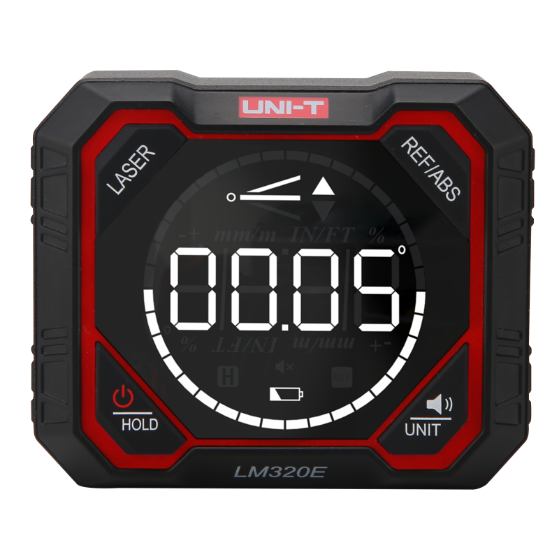 Medidor de ángulo digital UNI-T LM320E con pantalla a color, vista frontal