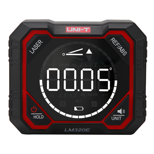Medidor de ángulo digital UNI-T LM320E con pantalla a color, vista frontal