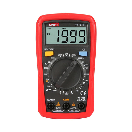 Multímetro digital compacto UNI-T UT131B, rojo, vista frontal con pantalla y selector