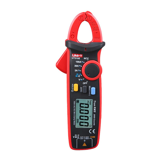 Mini pinza amperimétrica UNI-T UT210E, roja y gris, vista frontal con pantalla y mordaza