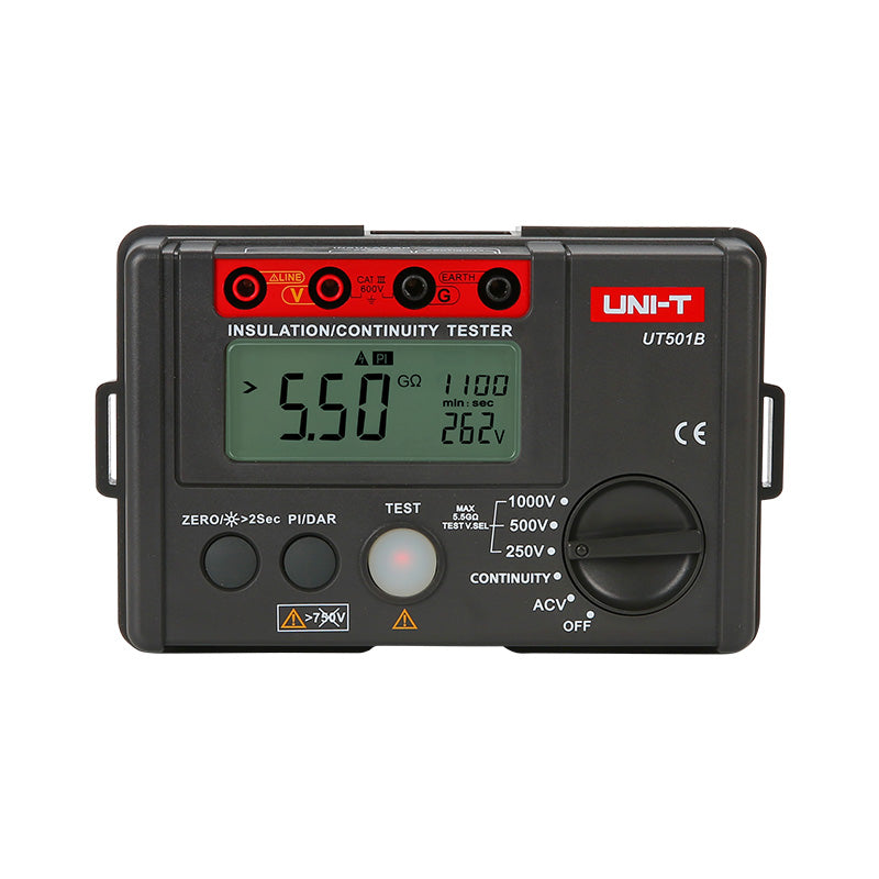 Megóhmetro digital UNI-T UT501B, vista frontal con pantalla, selector y bornes de prueba