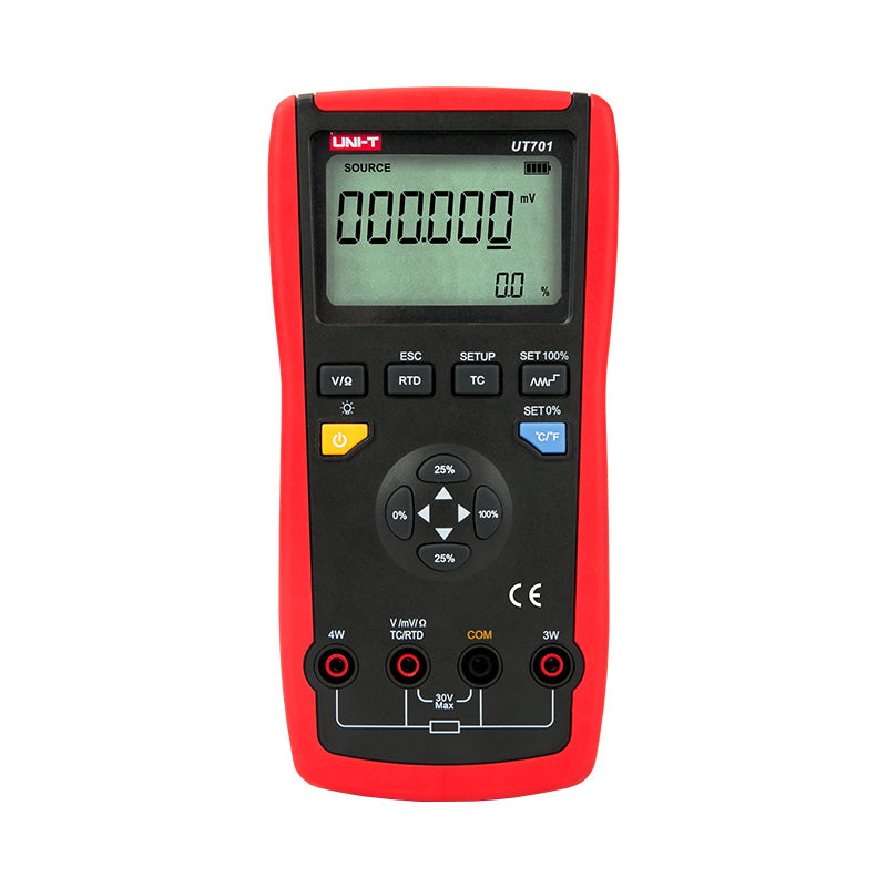 Calibrador de temperatura UNI-T UT701, rojo y negro, vista frontal con pantalla y teclado