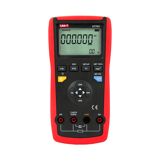 Calibrador de temperatura UNI-T UT701, rojo y negro, vista frontal con pantalla y teclado