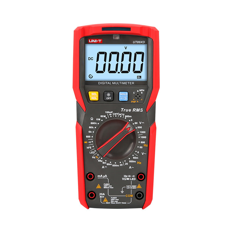 Multímetro digital UNI-T UT89XD, rojo y gris, vista frontal con pantalla y selector