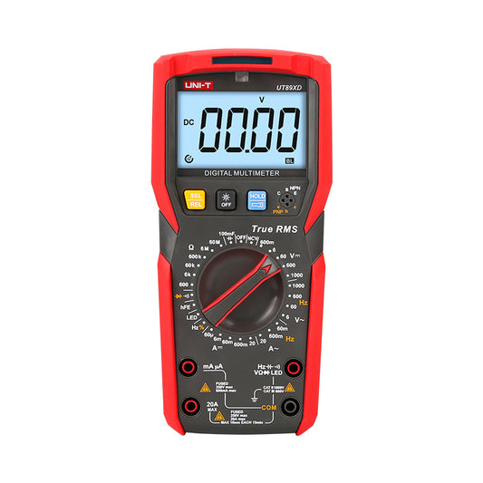 Multímetro digital UNI-T UT89XD, rojo y gris, vista frontal con pantalla y selector