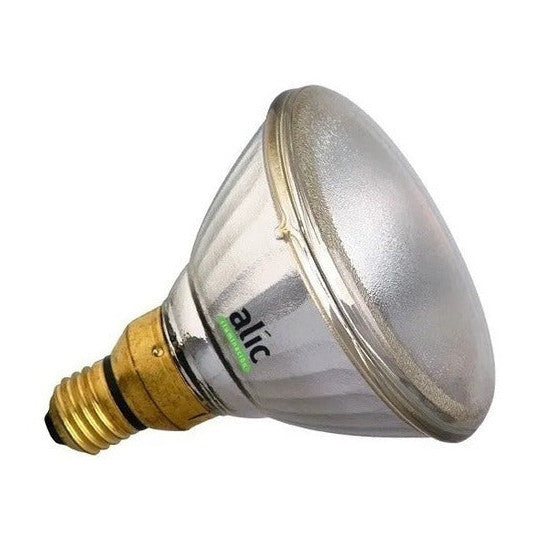Ampolleta PAR38 E27 80W Alic con vidrio transparente y rosca dorada E27 vista en ángulo