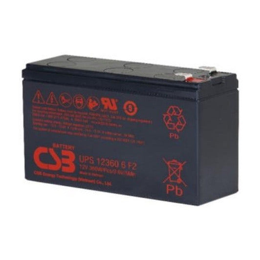 Batería CSB UPS123606 de 12V vista de frente con etiqueta de especificaciones y bornes