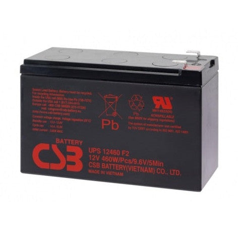Batería CSB UPS12460 de 12V vista en ángulo, con la etiqueta de especificaciones y símbolos de reciclaje visibles