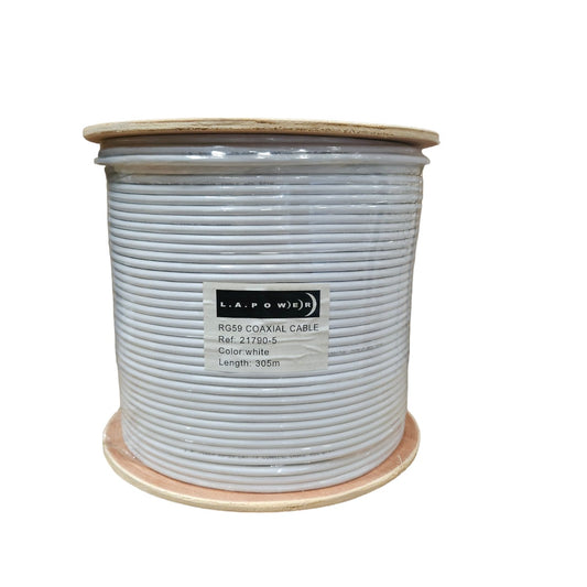 Carrete de cable coaxial RG59 blanco de 305 metros L.A.POWER con etiqueta de referencia
