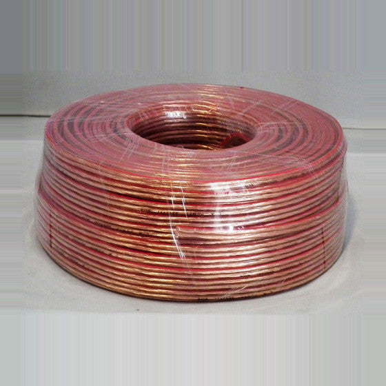 Rollo de cable parlante 2x16 transparente L.A.POWER con los conductores de cobre visibles a través de la cubierta