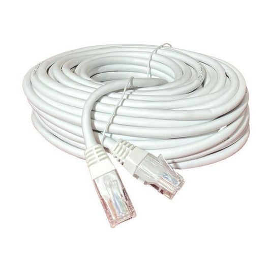 Cable de red Cat5e de 20 metros L.A.POWER enrollado en color blanco con sus dos conectores RJ45 al frente