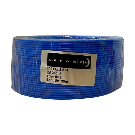 Rollo de cable Tac 14 AWG azul de L.A.POWER de 100 metros con su etiqueta de referencia y color