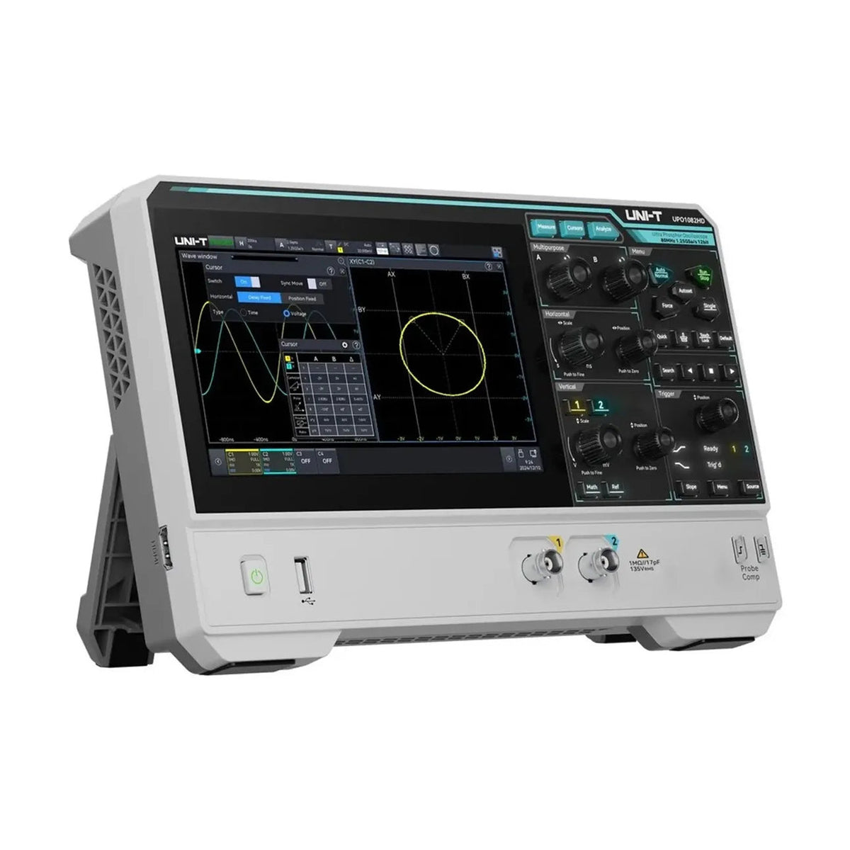 Osciloscopio UPO1082HD de Uni-T en vista frontal angulada con formas de onda y figura de Lissajous en pantalla