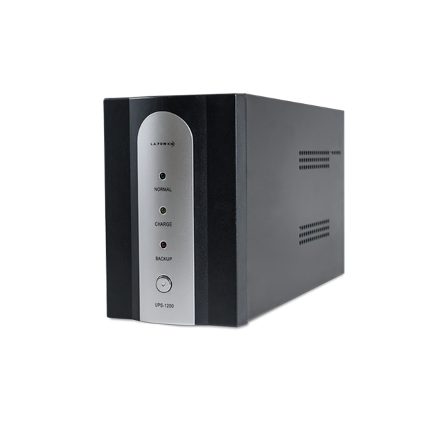 UPS 1200VA L.A.POWER de torre negra y gris con indicadores Normal, Charge y Backup en el frente