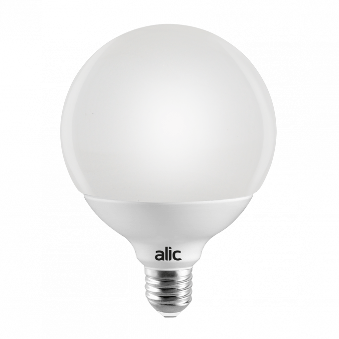 Ampolleta globo G95 de 10W E27 de Alic con cuerpo blanco esmerilado y rosca metálica, vista de frente