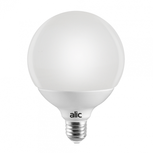 Ampolleta globo G95 de 10W E27 de Alic con cuerpo blanco esmerilado y rosca metálica, vista de frente