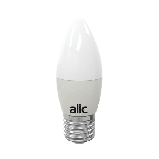 Ampolleta vela LED de 5W E27 con acabado blanco mate, logotipo alic y rosca metálica, vista de frente